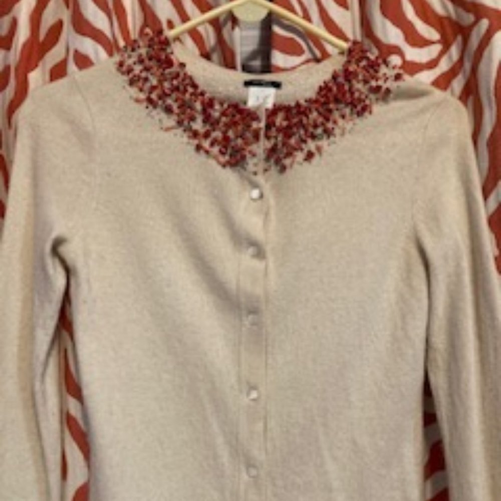 J Crew Vintage button up sweater with Colorful Beaded Collar, size small.